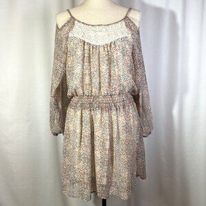 Xhiliaration Floral Boho Mini Dress Cold Shoulder Cut Out Sheer Sleeves Size L